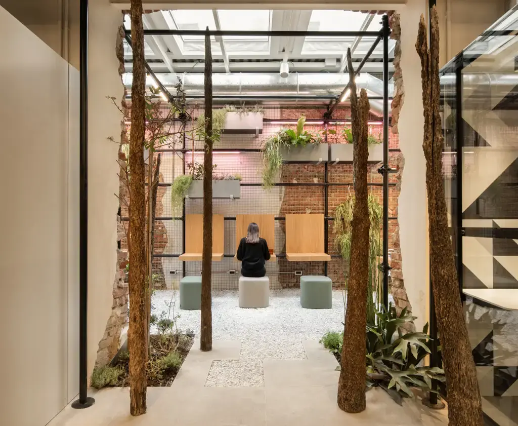 Ingresso al Serendipity Garden attraverso tronchi lagunari
